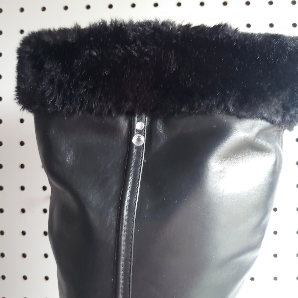 Westies Chunky Heel Block Leather, Fur And Rivet Rhinestone Winter Boots Black - Picture 11 of 14